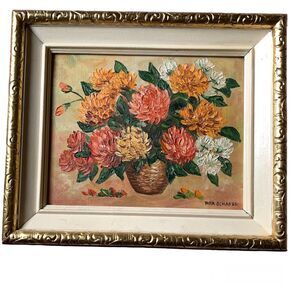 Vintage MCM 70s Framed Still Life Mums Flowers Original Painting Rita Schafer